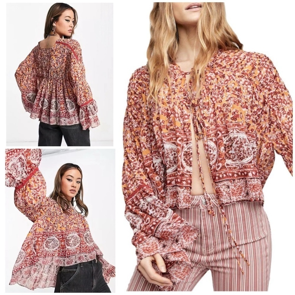 Free People Lorraine Tie Front Floral Lace Mustard Combo Kimono Jacket XS​​​​​